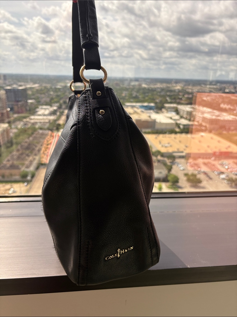 Cole Haan Black Leather Shoulder Tote with Gold Hardware